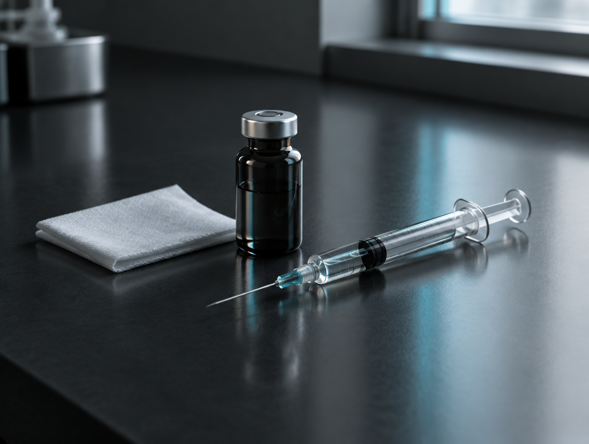 Vial, bacteriostatic water and a lint-free wipe on a laboratory bench