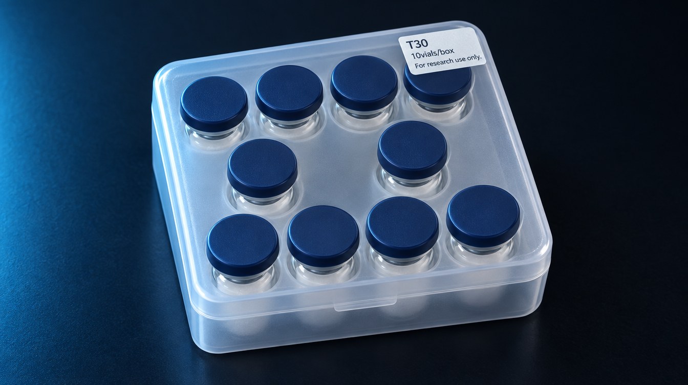 A kit of ten vials in its clear box, kit label on the lid
