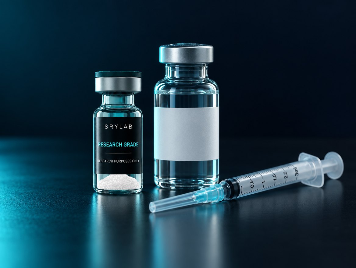 A SRYLAB vial next to bacteriostatic water and a capped syringe on a laboratory bench