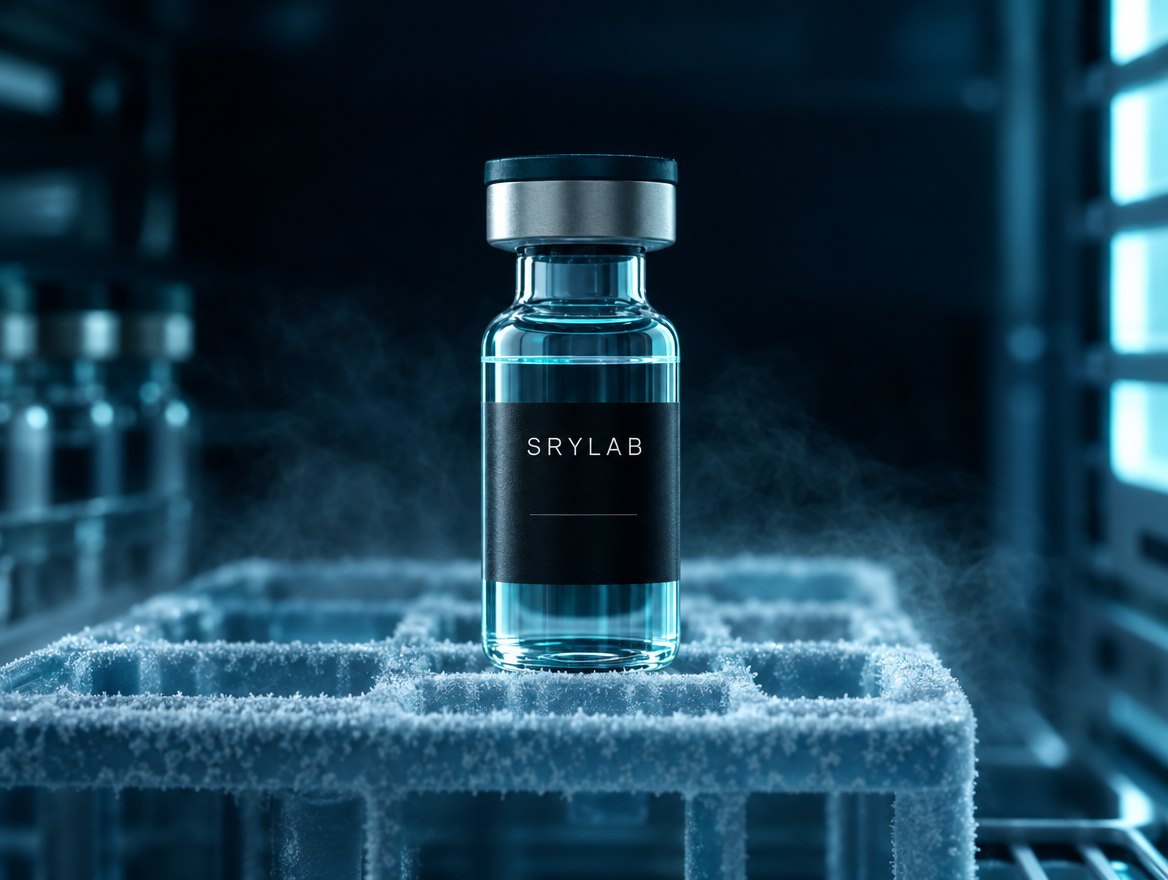 A reconstituted vial standing in a cold rack