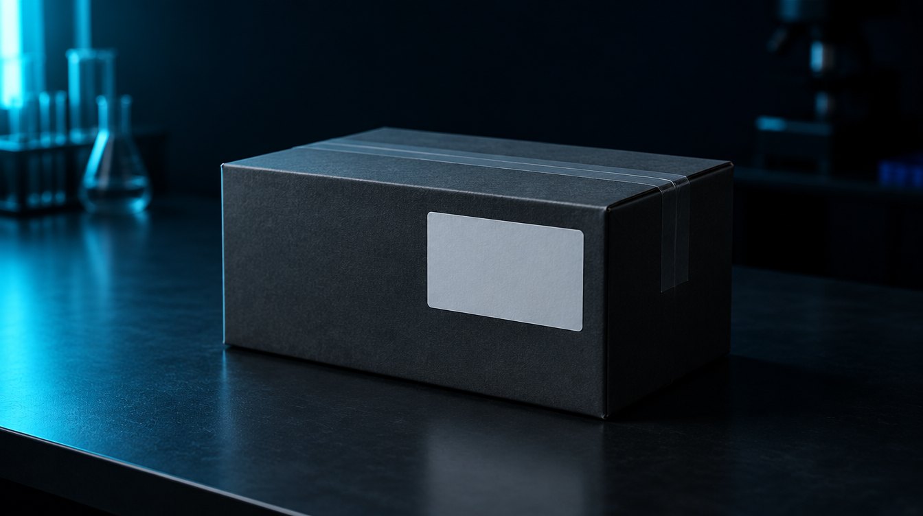A neutral parcel on a laboratory bench